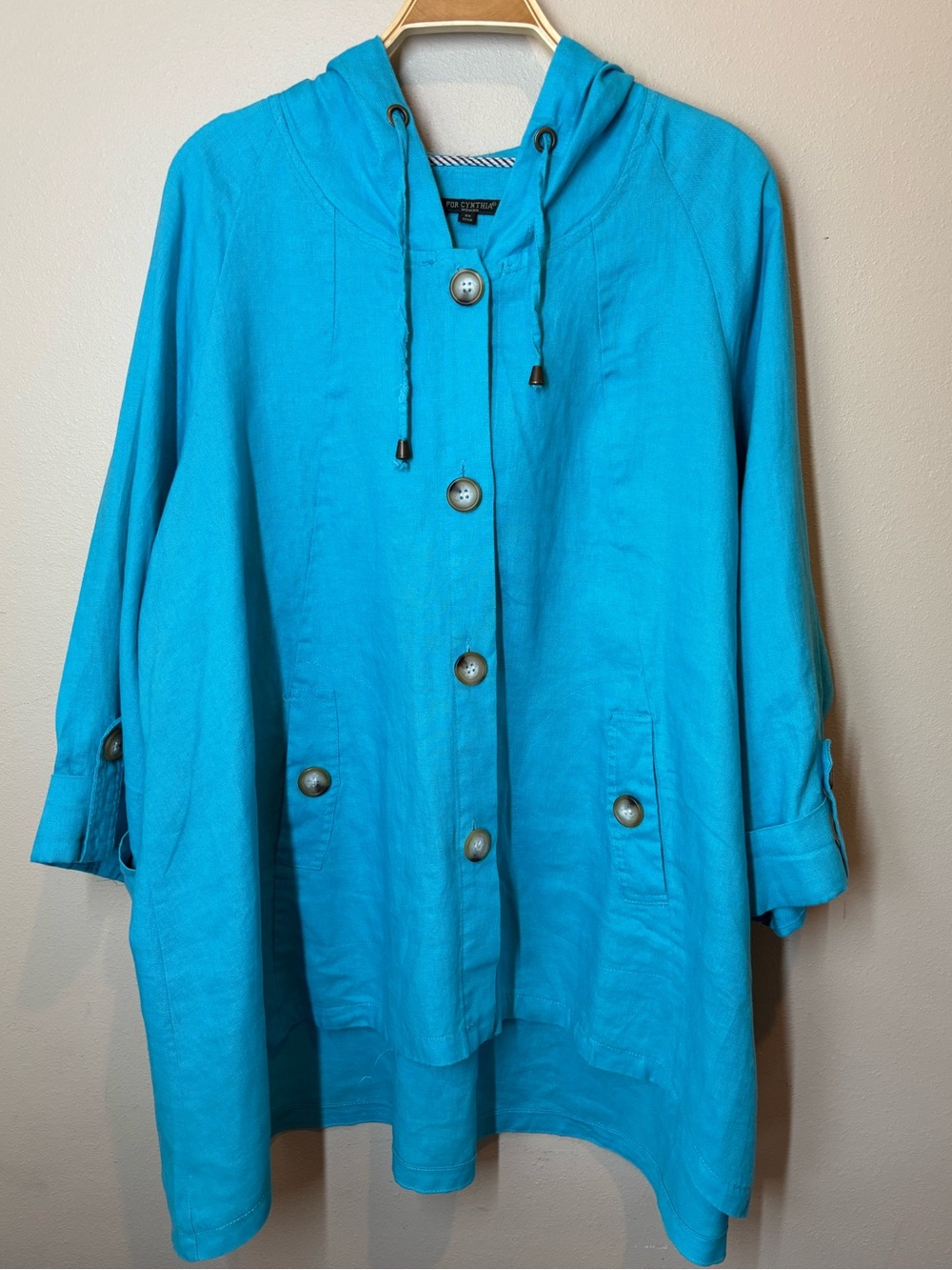 Women’s Plus Size Linen Hooded Button-Front Jacket - Turquoise, 2x, New!